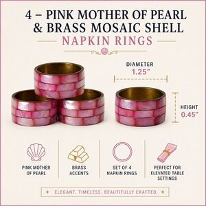 Vintage Pink Mother of Pearl Napkin Rings Brass Mosaic Shell Set of 4 Rose Red